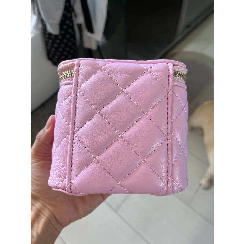 Pink Quilted Mini Vanity Case Crossbody Bag Gold Chain Flower Charm Boho Chic - Picture 5 of 12